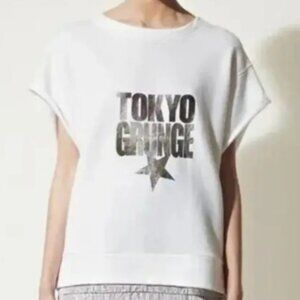 Sandro silver graphic Tokyo  grunge boxy cropped sleeve white sweater size S